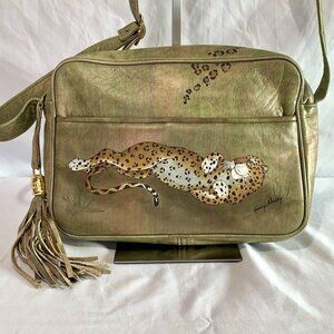 FANCY NANCY Crossbody Purse Hand Painted Lazy Leopard Bag Tassel Zipper Metallic